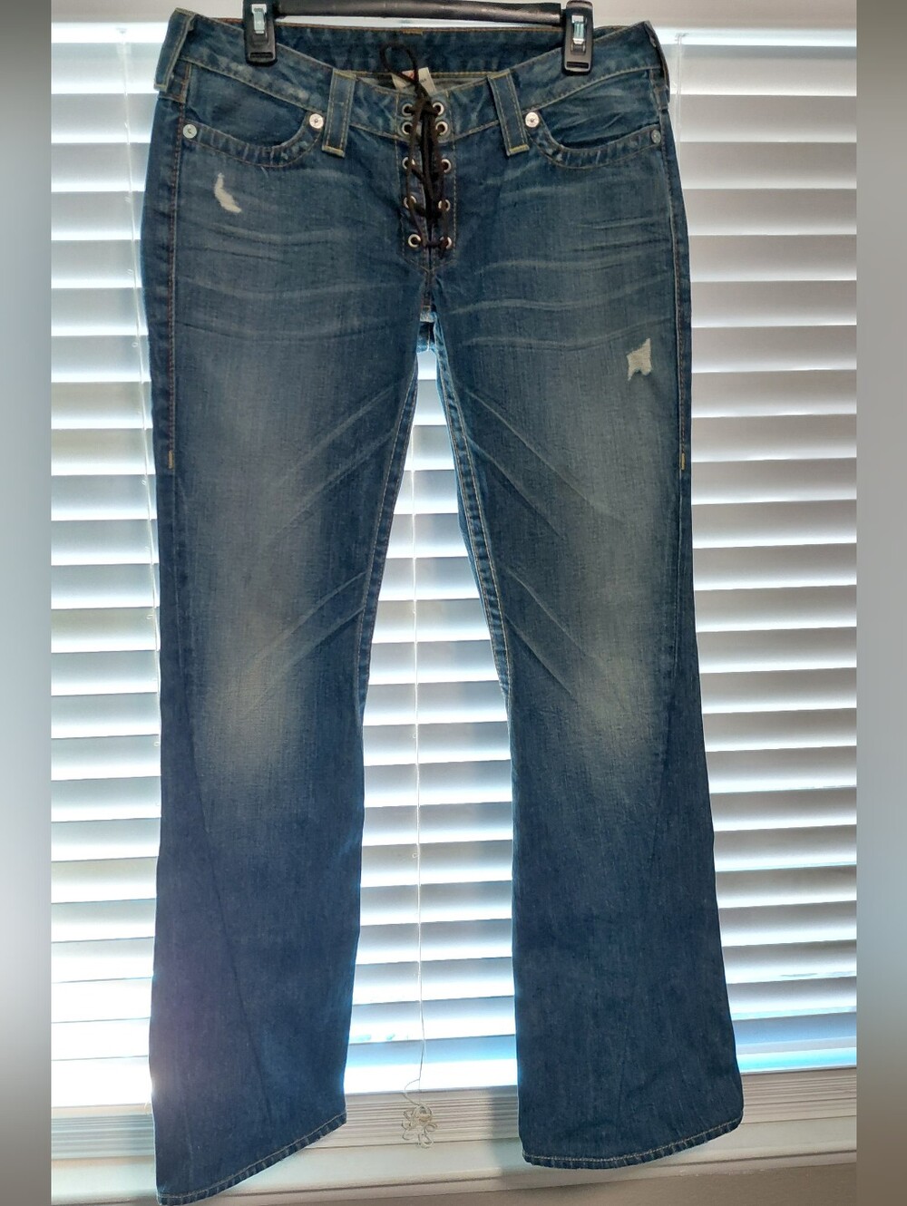 Vintage Y2K True Religion Women's Lace-Up Boho 70s-Feel Jeans. Size 30